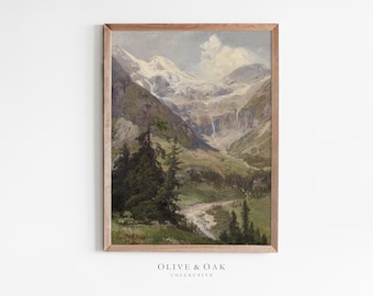 May include: A framed painting of a mountain landscape with a river flowing through a valley. The mountains are snow-capped and the sky is cloudy. The painting is in a rustic wooden frame.