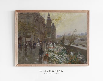 May include: A vintage painting depicting a bustling street scene in Paris, France. The painting features a tall building with a clock tower, a bridge over a river, and a street lined with people and flower stalls. The painting is done in a realistic style with muted colors.