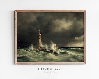 Impresión de paisaje marino antiguo / Pintura de faro vintage IMPRIMIBLE digital / Impresión de arte oceánico /#14