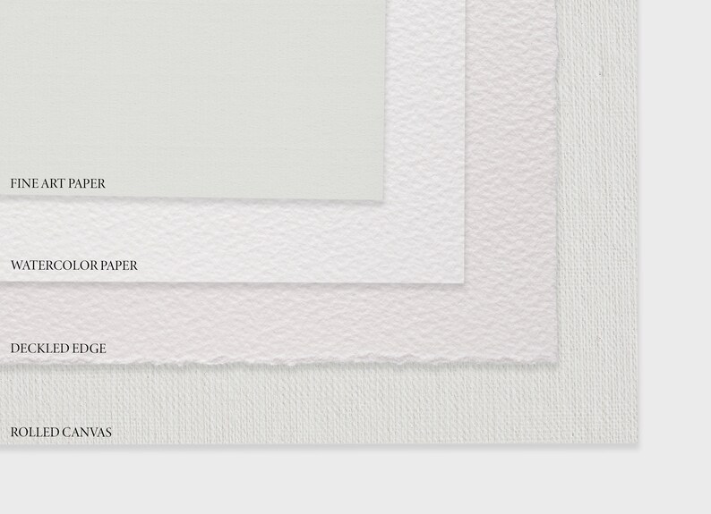 May include: Close-up of four different types of paper and canvas surfaces: fine art paper, watercolour paper, deckled edge paper, and rolled canvas. The surfaces are stacked on top of each other, with the fine art paper on top and the rolled canvas on the bottom.