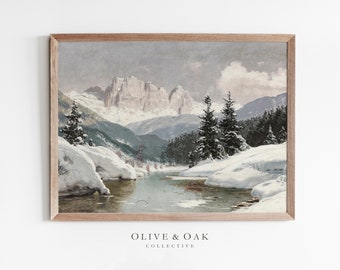 May include: A vintage painting of a snowy mountain landscape with a river flowing through the foreground. The mountains are snow-capped and the trees are covered in snow. The sky is a light blue with some clouds.
