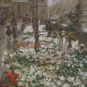 May include: A painting depicting a street scene with a flower market. The market is filled with white flowers, and there are people walking by. The painting is done in a realistic style, with a focus on the details of the flowers and the people.