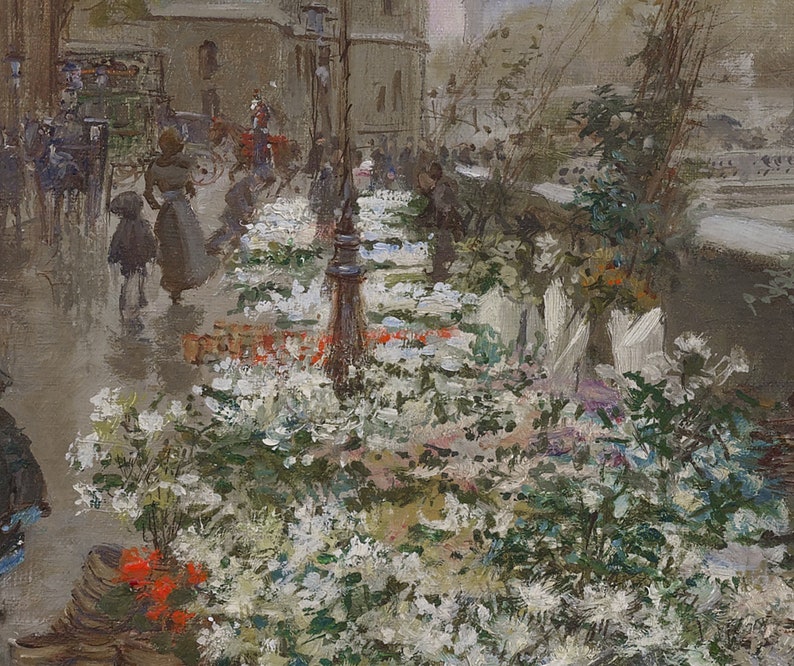 May include: A painting depicting a street scene with a flower market. The market is filled with white flowers, and there are people walking by. The painting is done in a realistic style, with a focus on the details of the flowers and the people.