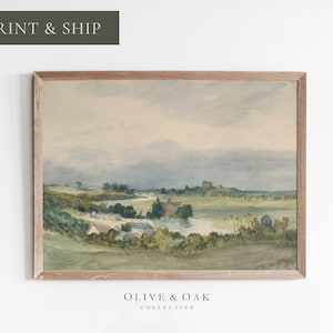 Country Landscape Painting Vintage Print / Farmhouse Wall Decor PRINTED or FRAMED / #225-m