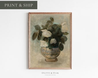 May include: A vintage painting of a bouquet of white flowers in a blue and white vase. The flowers are painted in a realistic style, with delicate details of the petals and leaves. The background is a soft blue.