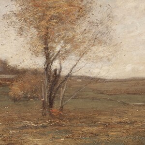 May include: A painting of a landscape with a single tree in the foreground. The tree has bare branches and is silhouetted against a cloudy sky. A small house is visible in the distance.
