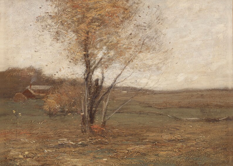 May include: A painting of a landscape with a single tree in the foreground. The tree has bare branches and is silhouetted against a cloudy sky. A small house is visible in the distance.