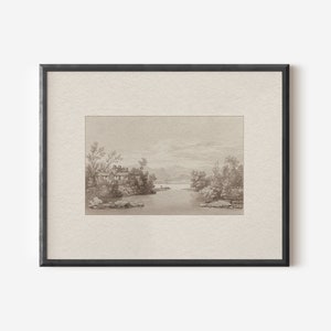 May include: A framed black and white drawing of a landscape with a lake, trees, and a small house in the distance.