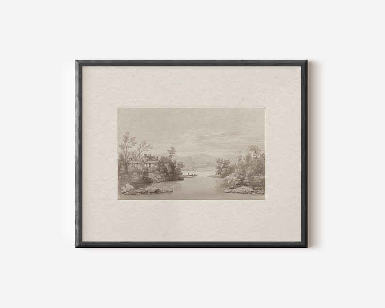May include: A framed black and white drawing of a landscape with a lake, trees, and a small house in the distance.