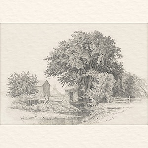 May include: A black and white pencil drawing of a rural landscape with a small house, trees, and a stream. The drawing is done in a realistic style and captures the beauty of the natural world.