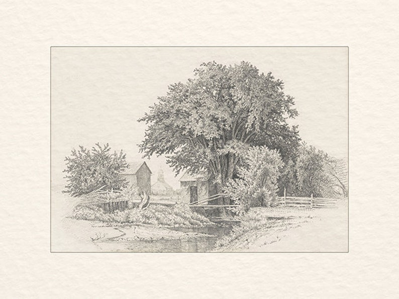 May include: A black and white pencil drawing of a rural landscape with a small house, trees, and a stream. The drawing is done in a realistic style and captures the beauty of the natural world.