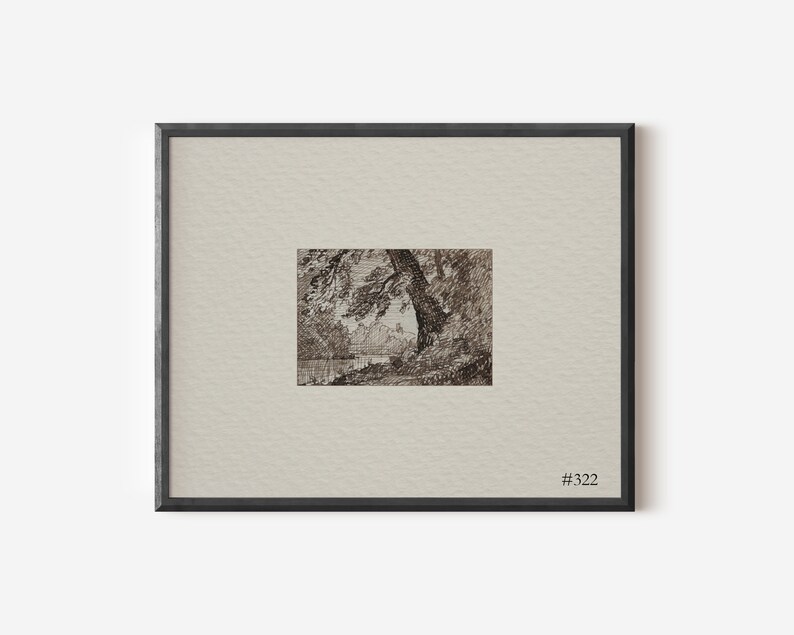 May include: A black and white pen and ink drawing of a tree in a woodland setting. The drawing is framed in a black frame with a white mount. The frame has the number "#322" in the bottom right corner.