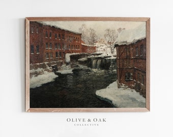 Vintage Winter Landscape Print / Snowy Cityscape Painting / Winter Decor PRINTABLE / #315