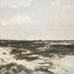 May include: A painting depicting a landscape with a sandy beach in the foreground and a distant horizon with a cloudy sky. The beach is covered in sand dunes and green vegetation. The sky is a light blue with white clouds.