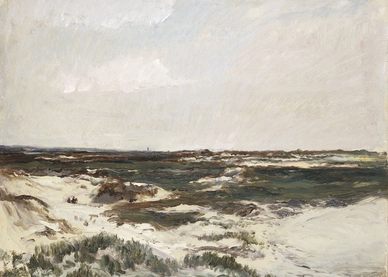 May include: A painting depicting a landscape with a sandy beach in the foreground and a distant horizon with a cloudy sky. The beach is covered in sand dunes and green vegetation. The sky is a light blue with white clouds.