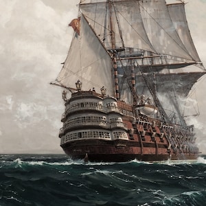 May include: A detailed painting of a large, wooden sailing ship with white sails. The ship is in the water with waves crashing around it. The ship has multiple decks and a large mast.