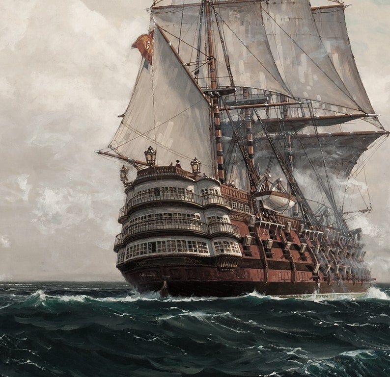 May include: A detailed painting of a large, wooden sailing ship with white sails. The ship is in the water with waves crashing around it. The ship has multiple decks and a large mast.