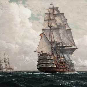 May include: A painting of two sailing ships on a cloudy day. The larger ship is a three-masted ship with white sails and a brown hull. The smaller ship is a two-masted ship with white sails and a brown hull. The ships are sailing on a blue sea.
