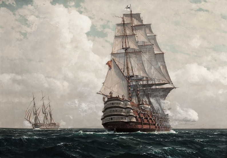 May include: A painting of two sailing ships on a cloudy day. The larger ship is a three-masted ship with white sails and a brown hull. The smaller ship is a two-masted ship with white sails and a brown hull. The ships are sailing on a blue sea.