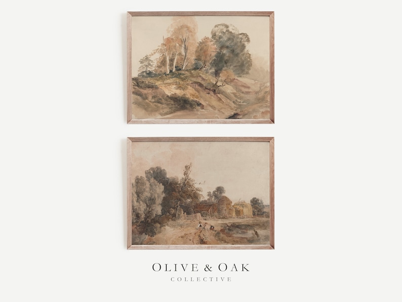 May include: Two framed watercolor paintings depicting rural landscapes. The top painting shows a hillside with trees and a winding path. The bottom painting shows a farmhouse with trees and a field.