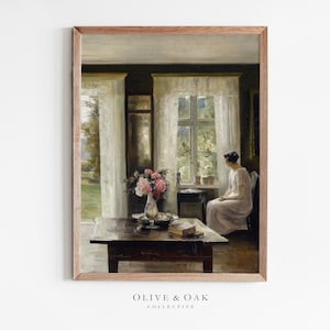 May include: A painting of a woman sitting in a room with a window, looking out at a garden. The room is decorated with a vase of pink flowers on a table.