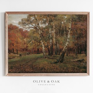 Puede incluir: Una pintura que representa una escena de bosque con altos abedules en primer plano. Los &aacute;rboles est&aacute;n rodeados de una variedad de otros &aacute;rboles, incluyendo algunos con hojas rojas y naranjas. El suelo est&aacute; cubierto de hojas ca&iacute;das y hay un peque&ntilde;o arroyo que atraviesa el bosque.