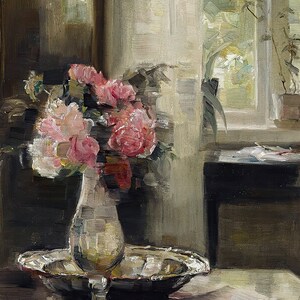 May include: A still life painting of a bouquet of pink roses in a vase on a silver tray. The roses are arranged in a loose, natural style, and the vase is a simple, elegant design. The painting is set against a background of a window with a view of a garden.