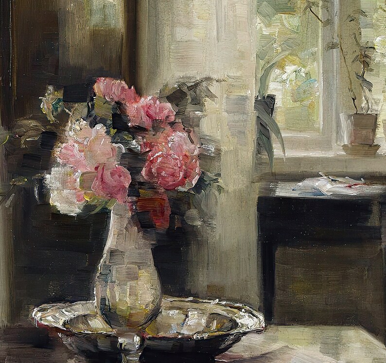 May include: A still life painting of a bouquet of pink roses in a vase on a silver tray. The roses are arranged in a loose, natural style, and the vase is a simple, elegant design. The painting is set against a background of a window with a view of a garden.