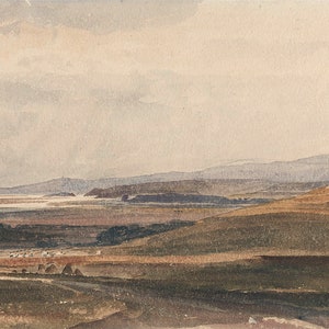 May include: A watercolor painting depicting a landscape with rolling hills and a distant river. The sky is a pale blue with wispy clouds. The hills are a muted green and brown, with a few trees scattered throughout. The river is a light blue, and it winds its way through the landscape.