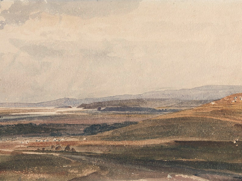 May include: A watercolor painting depicting a landscape with rolling hills and a distant river. The sky is a pale blue with wispy clouds. The hills are a muted green and brown, with a few trees scattered throughout. The river is a light blue, and it winds its way through the landscape.