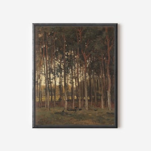 Pu&ograve; includere: Un dipinto che rappresenta una scena di bosco con alberi alti e sottili e un gruppo di uccelli in primo piano. Gli alberi sono principalmente verdi con alcuni rami e foglie marroni. Gli uccelli sono neri e volano in formazione sciolta. Lo sfondo &egrave; una luce dorata e nebbiosa.