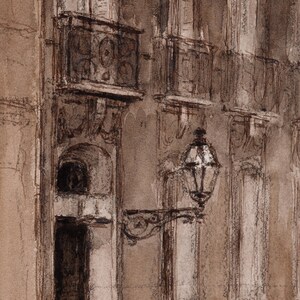 May include: A black and white watercolor painting of a building with a street lamp. The building has a series of balconies and windows. The street lamp is attached to the wall of the building.
