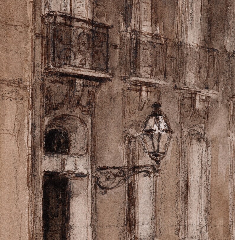 May include: A black and white watercolor painting of a building with a street lamp. The building has a series of balconies and windows. The street lamp is attached to the wall of the building.