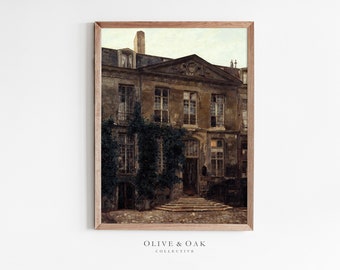 May include: A vintage painting of a stone building with a courtyard. The building has a weathered facade with multiple windows and a large doorway. The courtyard is overgrown with vines and has a stone staircase leading up to the doorway.