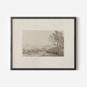 May include: A framed black and white drawing of a landscape with a single tree in the foreground. The tree is silhouetted against a distant view of hills and a valley.