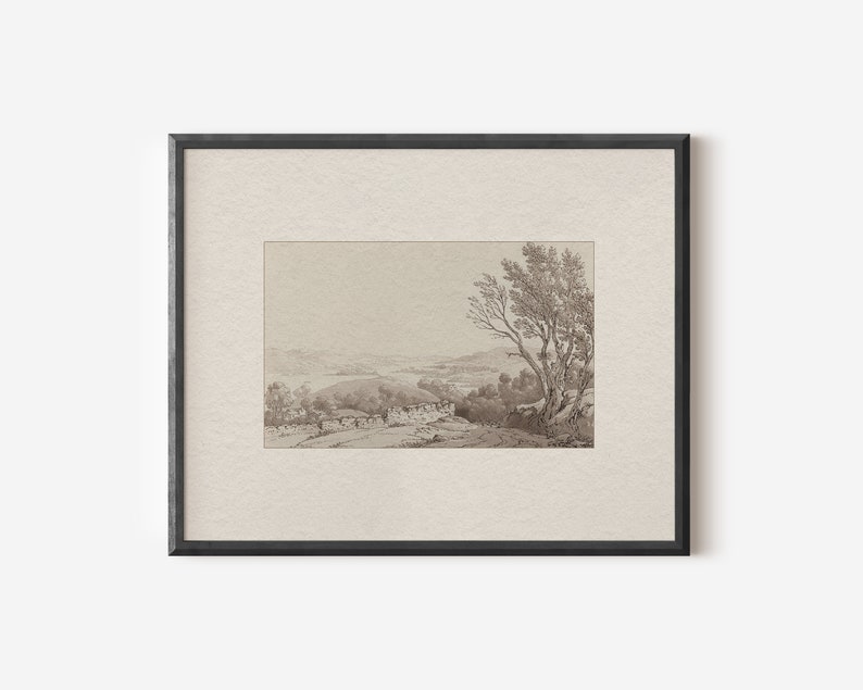 May include: A framed black and white drawing of a landscape with a single tree in the foreground. The tree is silhouetted against a distant view of hills and a valley.