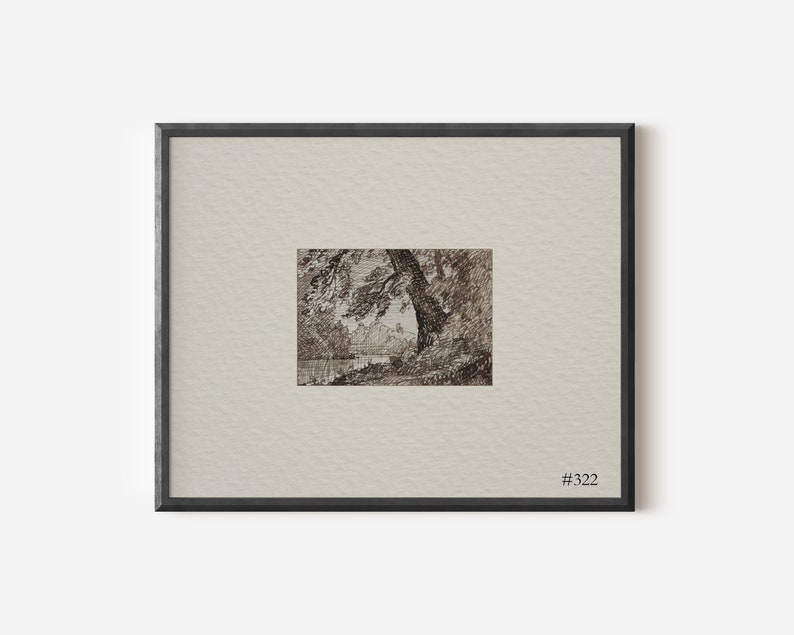 Puede incluir: Un dibujo en blanco y negro a pluma y tinta de un &aacute;rbol en un entorno boscoso. El dibujo est&aacute; enmarcado en un marco negro con un paspart&uacute; blanco. El marco tiene el n&uacute;mero "#322" en la esquina inferior derecha.