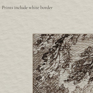 May include: A black and white pen and ink drawing of a landscape with mountains and trees. The drawing is detailed and intricate, with a focus on the texture of the mountains and trees.
