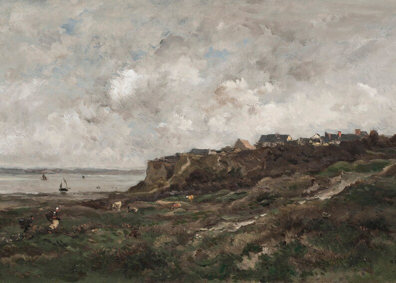 May include: An oil painting depicts a coastal scene under a cloudy sky. A village sits atop a cliff overlooking the sea, with figures and livestock in the foreground. The color palette is muted, with shades of gray, brown, and green.