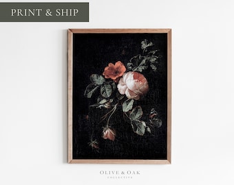 FRAMED Rose Painting / Dark Academia Decor / Vintage Flower Print / Antique Botanical Art / #35-M