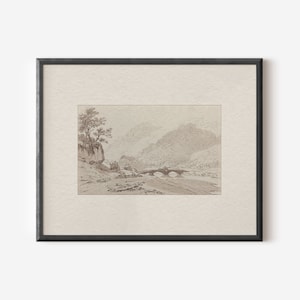 May include: A framed black and white pencil drawing of a landscape with a bridge over a river. The drawing depicts a mountain range in the background, a river in the foreground, and a bridge crossing the river. There are trees on the left side of the drawing.