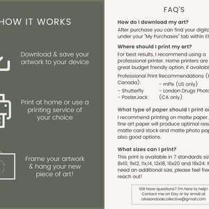 May include: A digital art print download guide with instructions on how to download, print, and frame the artwork. It includes recommendations for printing services, paper types, and standard print sizes. The text includes the phrase "My Purchases" and the email address "oliveandoakcollective@gmail.com".
