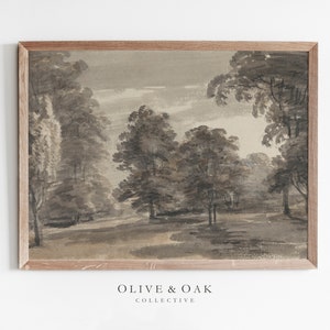 May include: A framed black and white watercolour painting of a woodland scene with trees and a path. The painting is in a light wood frame.