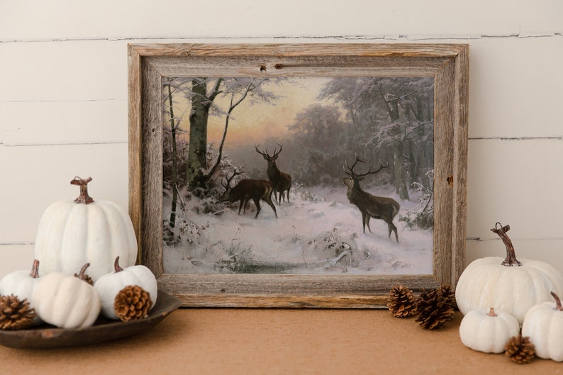 Deer Landscape Painting / Winter Snow Art Print / Cabin Decor PRINTABLE ...