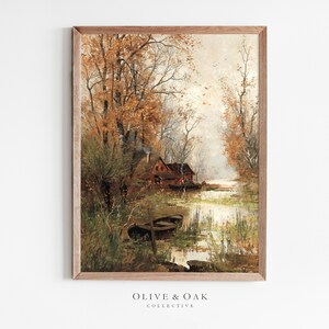 Pu&ograve; includere: Un dipinto vintage di una capanna rustica incastonata in un bosco vicino a un fiume. Gli alberi sono in colori autunnali, con sfumature di arancione, giallo e marrone. Il fiume &egrave; calmo e riflettente, con una piccola barca ormeggiata sulla riva.