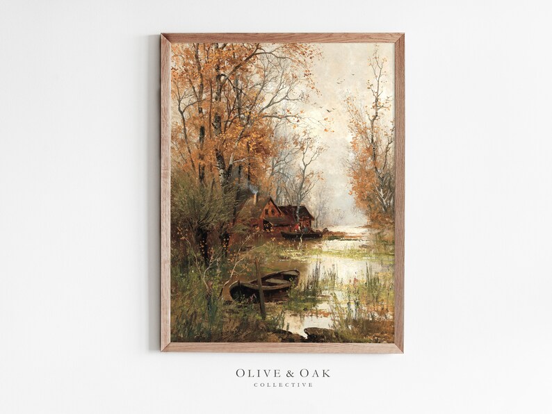 Pu&ograve; includere: Un dipinto vintage di una capanna rustica incastonata in un bosco vicino a un fiume. Gli alberi sono in colori autunnali, con sfumature di arancione, giallo e marrone. Il fiume &egrave; calmo e riflettente, con una piccola barca ormeggiata sulla riva.