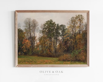 Puede incluir: Una pintura enmarcada que representa una escena de bosque con árboles en varios tonos de verde, marrón y amarillo. Los árboles están en el fondo y hay un área de hierba en el primer plano. La pintura está en un marco de madera claro.