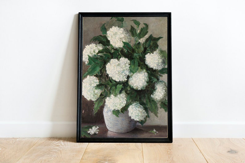 May include: A framed painting of a white hydrangea bouquet in a gray vase. The painting is done in a painterly style with visible brushstrokes.