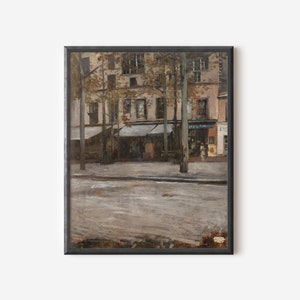 May include: A painting depicting a street scene in Paris, France. The painting features a row of buildings with storefronts and trees lining the street. The buildings are painted in muted tones of brown, gray, and white, while the trees are a deep green. The street is paved with cobblestones and is empty of people.