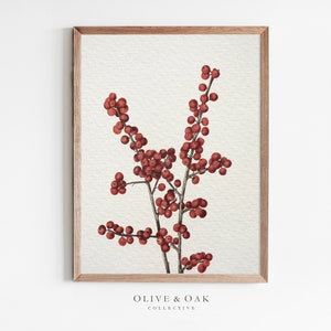 Puede incluir: Una pintura de acuarela de una rama con bayas rojas. La rama se representa sobre un fondo blanco y enmarcada en un marco de madera clara. El texto "OLIVE & OAK COLLECTIVE" está impreso debajo del marco.